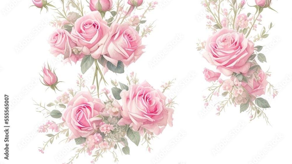 Pink roses watercolor illustration, Blush and Mint floral bouquet set isolated on white background.