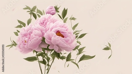 Set vintage watercolor elements of pink peonies, Pink and white peony background.