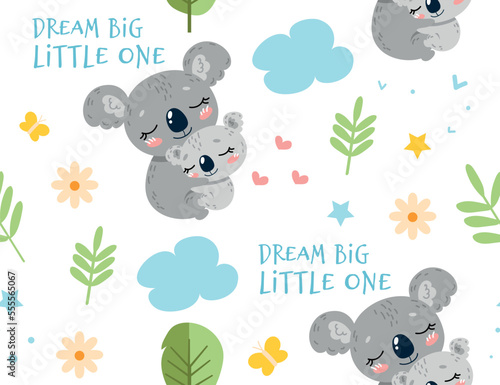 Koala with baby seamless pattern. Repeating design element for printing on fabric. Mother and son, childhood. Tropical and exotic animals, jungle and wild life. Cartoon flat vector illustration