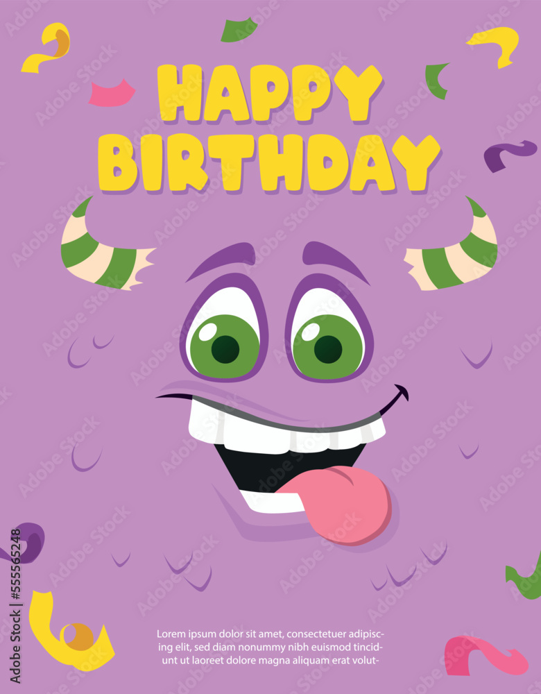 Happy birthday monster party. Design for invitation and greeting postcard. Fesival and holiday. Fictional character with horns. Fairy tale, imagination and fantasy. Cartoon flat vector illustration