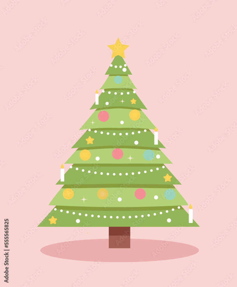Christmas tree icon. Sticker for social networks and reaction for messengers. Design element for invitation and greeting postcard. Plant in colorful balls and toys. Cartoon flat vector illustration Christmas tree icon. Sticker for social networks and reaction for messengers. Design element for invitation and greeting postcard. Plant in colorful balls and toys. Cartoon flat vector illustration