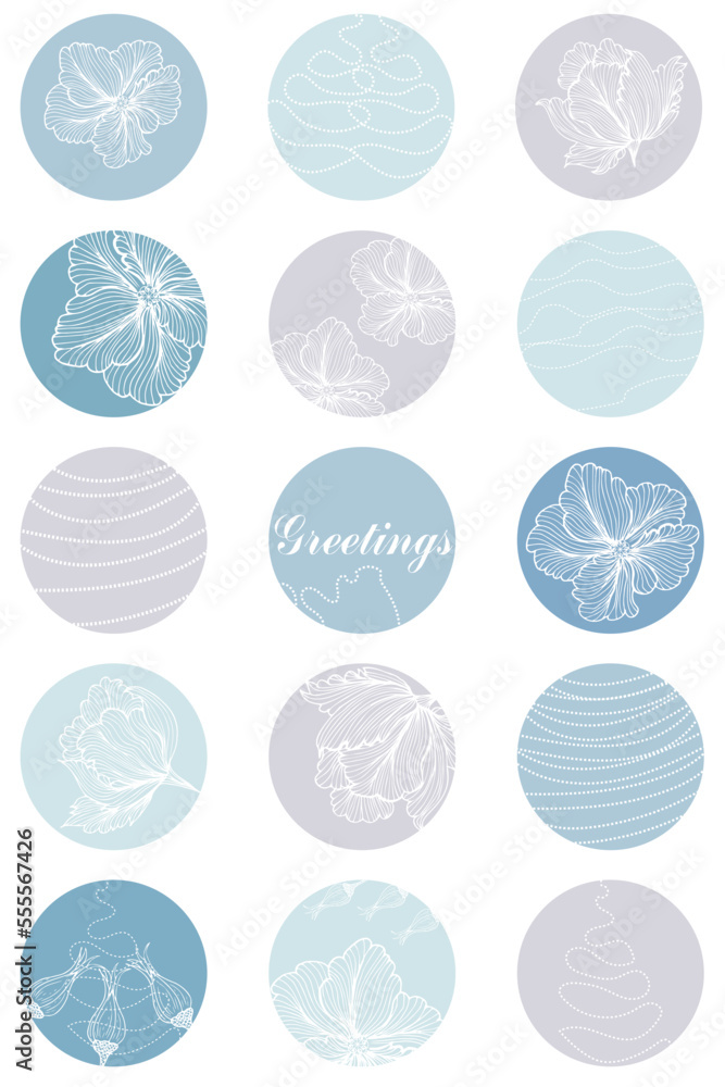 Round icons with delicate hand-drawn flowers, abstract lines, for highlighting stories, social networks, for bloggers, photographers, for highlighting covers. Aesthetic background, modern fashion blog Round icons with delicate hand-drawn flowers, abstract lines, for highlighting stories, social networks, for bloggers, photographers, for highlighting covers. Aesthetic background, modern fashion blog