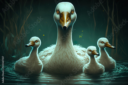 Goose clan. Mom and her children are floating. Fairy tale cartoon image of an ugly duckling. Generative AI photo