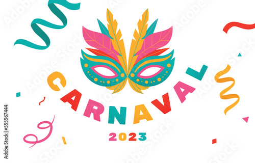 Barranquilla carnaval confetti. Design element for invitation and greeting card. Culture and Traditions, Latin American Feast and holiday. Colorful mask in feathers. Cartoon flat vector illustration