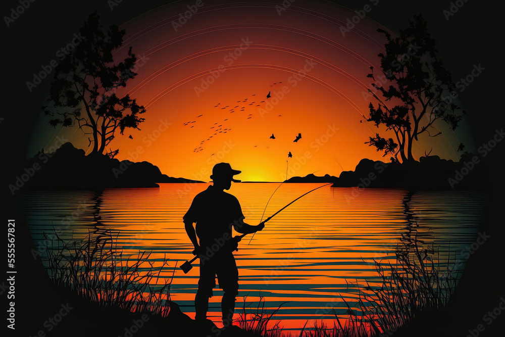 Sunset with a silhouette of a fisherman holding a fishing rod. Generative AI