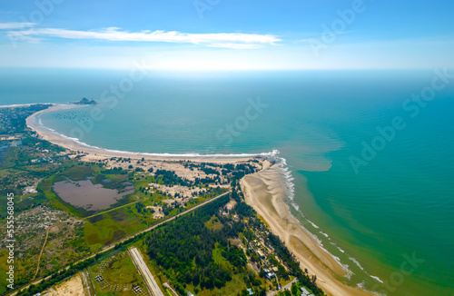Aerial view of sea Mui Ne, Vietnam see the whole bay of Ke Ga from north to south bank shore very large with sea waves, ships, reefs is tourism potential Status of Vietnam. © huythoai