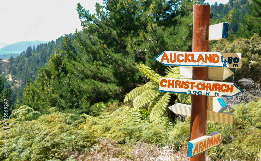 Rustic direction sign on Queen Charlotte Track