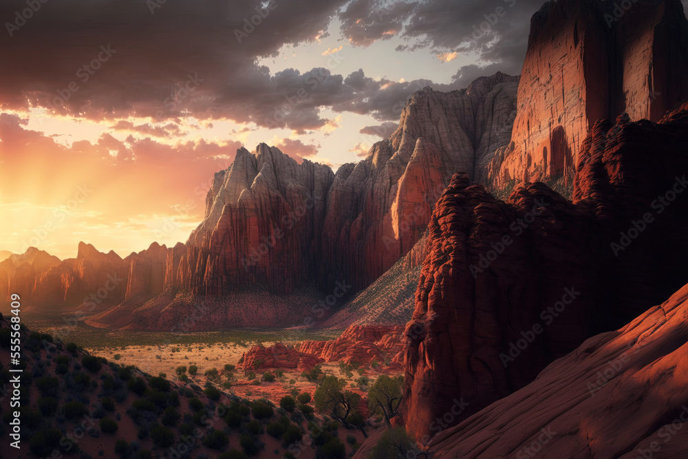 Sunset view of granite cliffs at Zions National Park is breathtaking. Generative AI