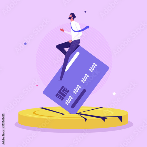 Credit card debt vector concept. Man sitting on credit card in depression. Loss of money, wealth, flat vector illustration