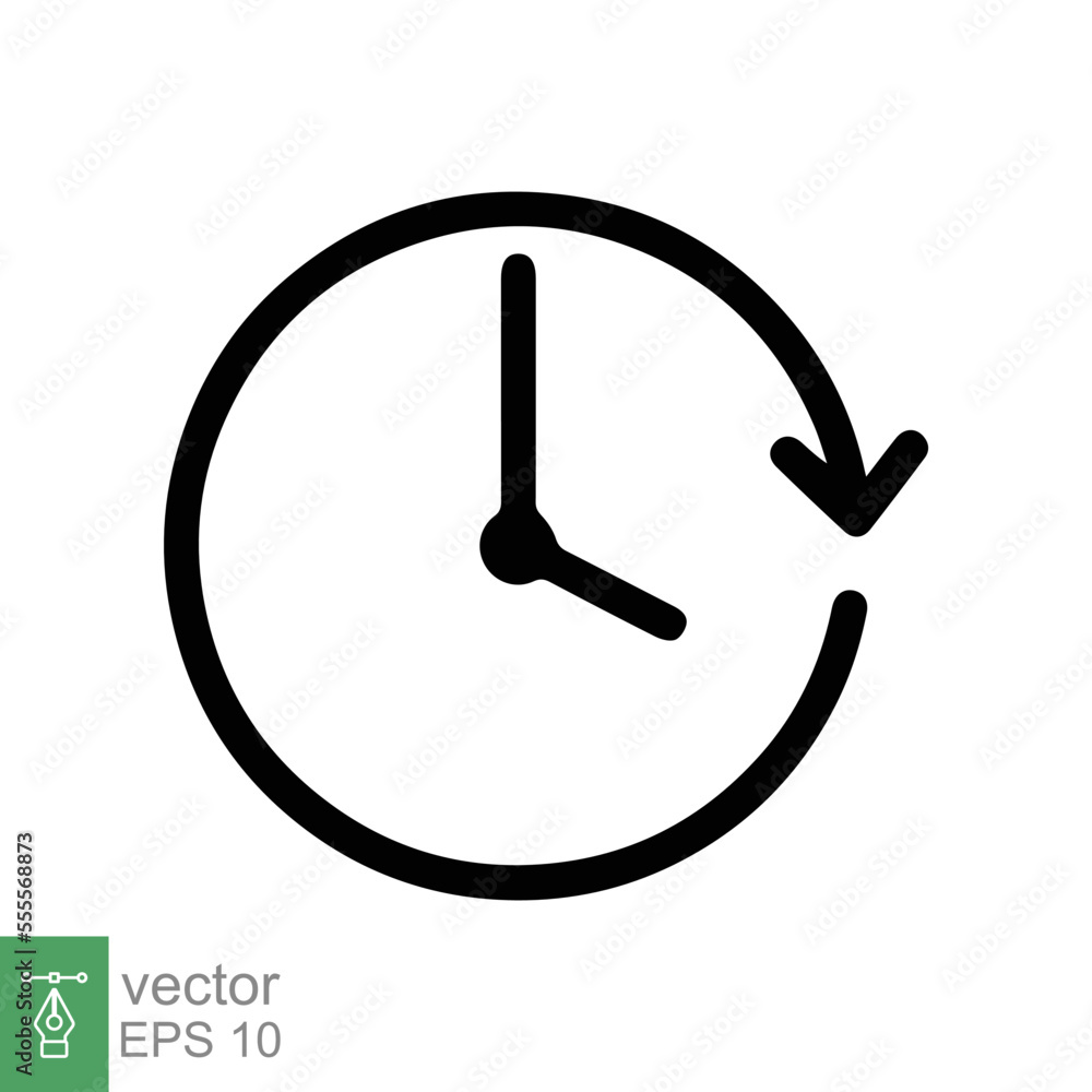 Passage of time icon. Simple outline style. Clock with round arrow, countdown timer, clockwise, flat design, circle clock line symbol. Vector illustration isolated on white background. EPS 10. Passage of time icon. Simple outline style. Clock with round arrow, countdown timer, clockwise, flat design, circle clock line symbol. Vector illustration isolated on white background. EPS 10.