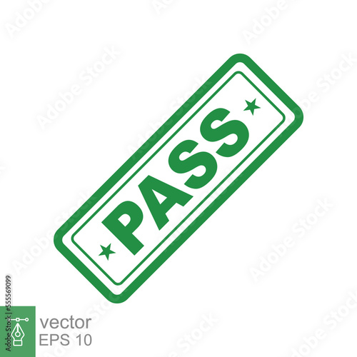 Pass stamp. Simple flat style. Passed seal, approved mark, document check, green symbol, ok badge. Vector illustration isolated on white background. EPS 10.