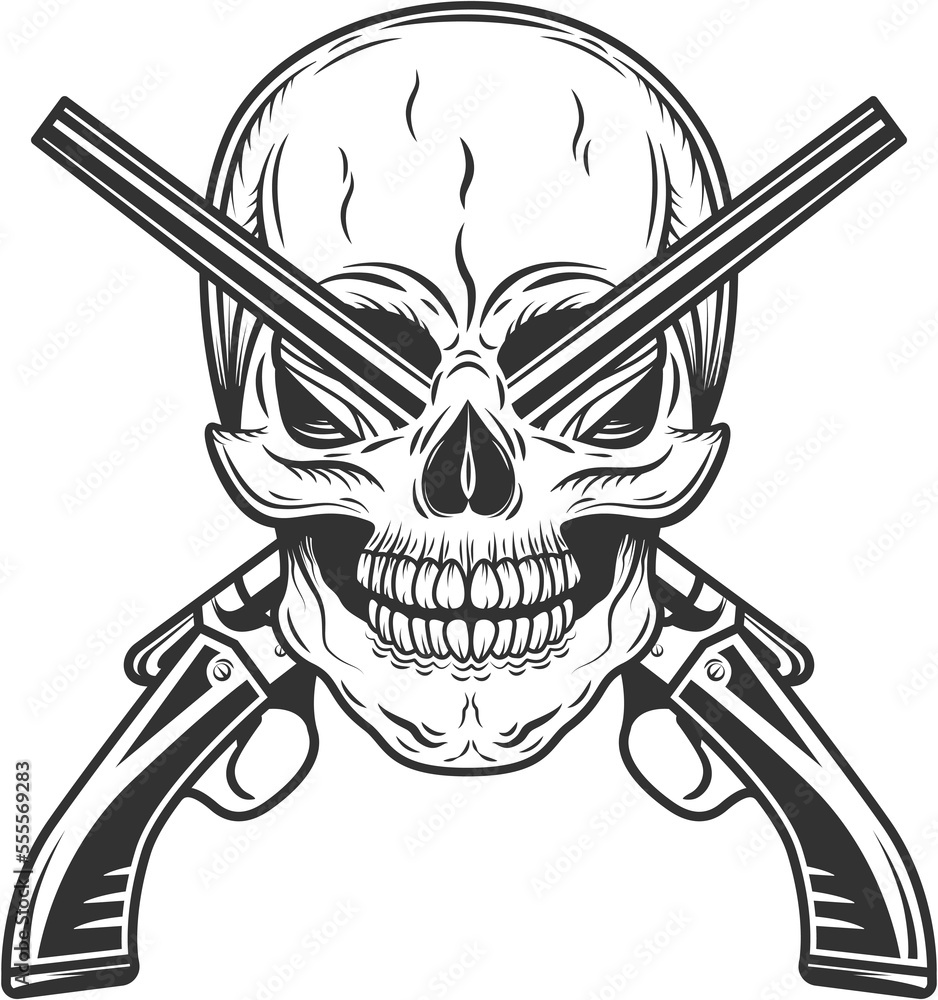 Vintage monochrome bandit gangster skull with crossed hunting sawn-off shotgun isolated illustration - obrazy, fototapety, plakaty 