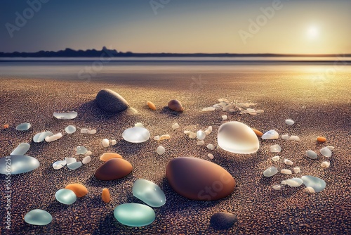 Sunset on the beach and Colorful pebbles 