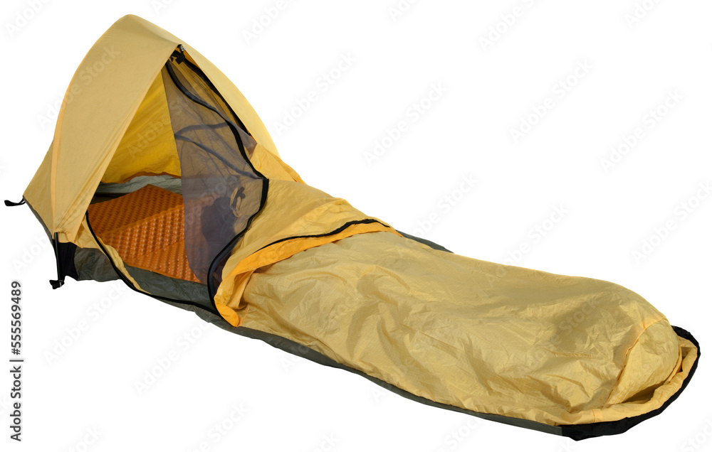 yellow bivy sack for minimalist solo expedition camping, open entry