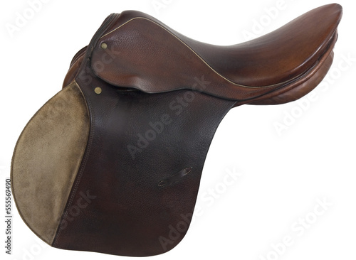 well used, English style, horse saddle, brown leather with gold trim, transparent background