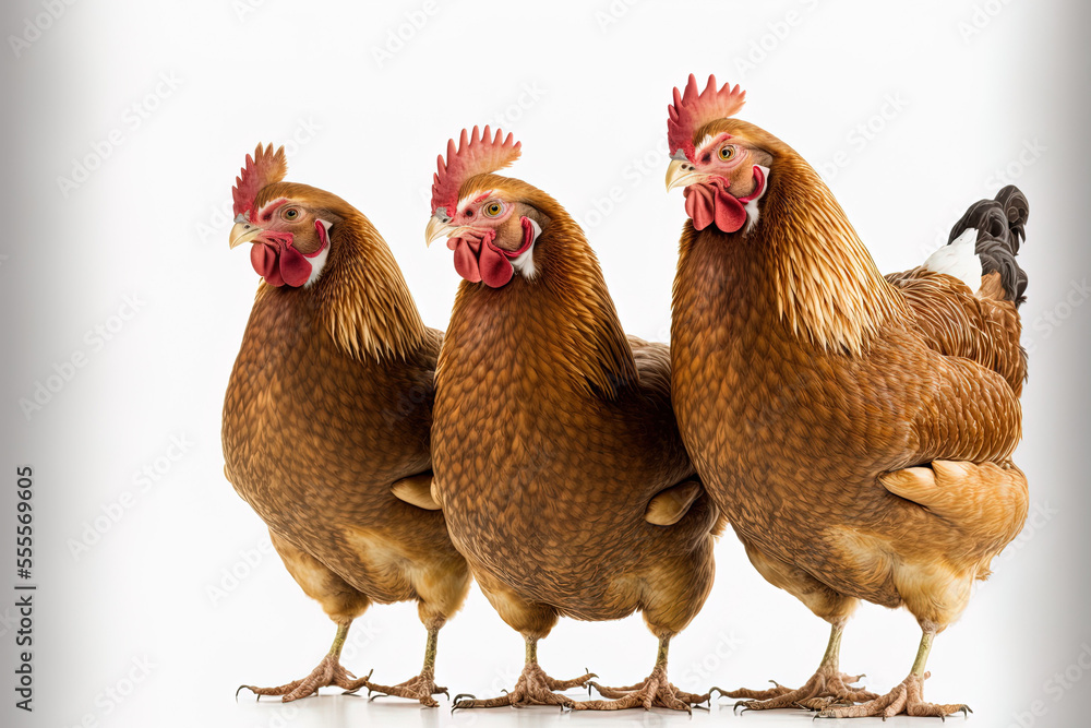 Fototapeta premium Brown hens isolated on a white backdrop, idea for farmers raising laying hens. Generative AI