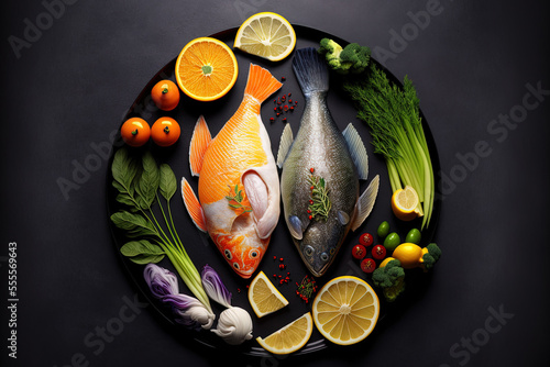 Ketogenic diet ingredients chicken, fish, and veggies on a dark backdrop. view from the top. place a copy. Generative AI