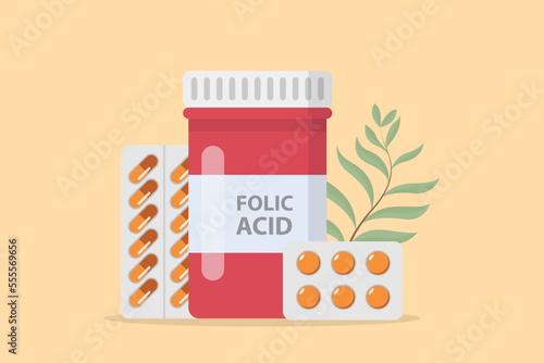 folic acid supplement vitamin for pregnant woman in the bottle and capsule with modern flat style