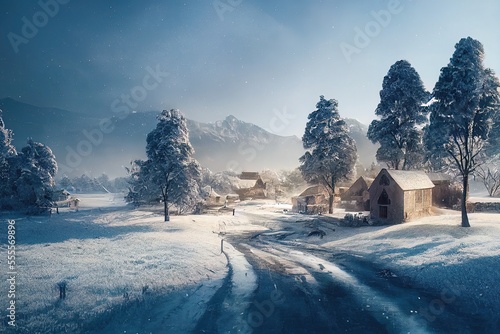 Winter landscape with snow covered trees with some House  © CREATIVE STOCK