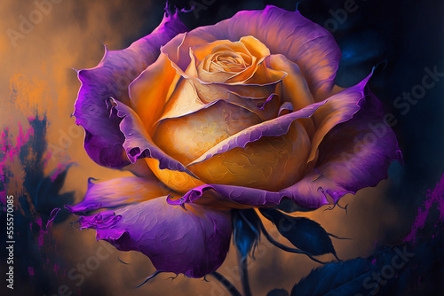 Beautiful violet and yellow rose in realistic painting art style, close up view	