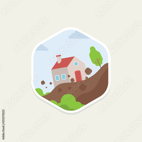 Landslide disaster flat vector illustration. Tropical disaster and a sign of catastrophe and warning
