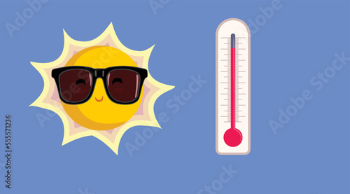 Sun Character Wearing Sunglasses Next to a Thermometer Cartoon Illustration. Summer season background symbol of warm weather and vacation
