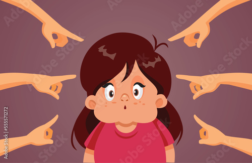 Insecure Overweight Girl Being Shamed Publicly Vector Concept Illustration. Self-conscious child shames for the way she looks 

