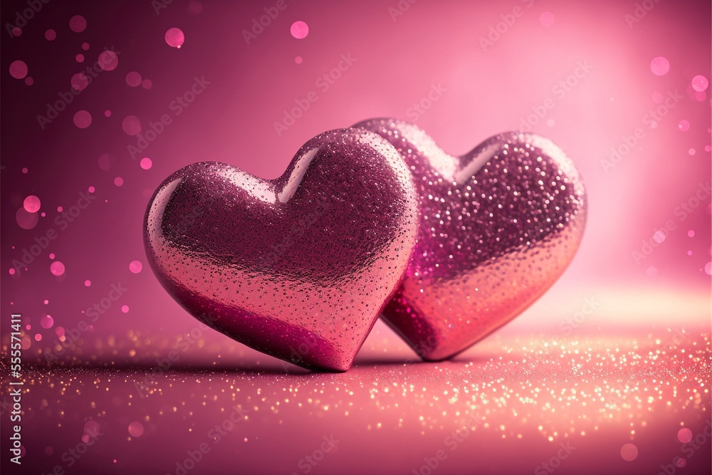 Two Hearts On Pink Glitter In Shiny Background Two Hearts On Pink Glitter In Shiny Background