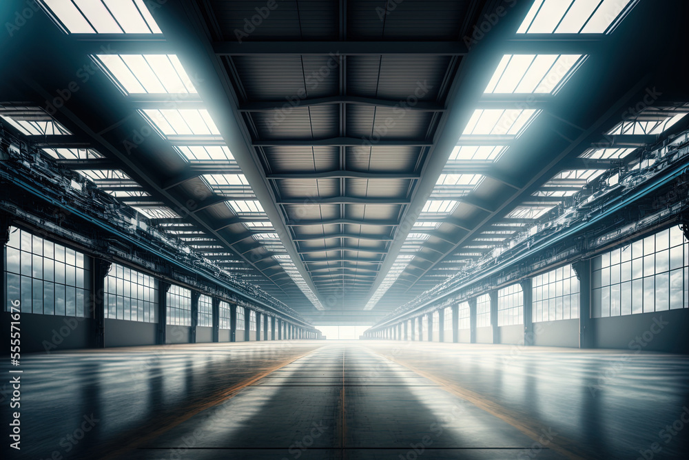 the inside of a large industrial building or factory with steel structures, the epoxy floor of a car factory service center, and the automotive sector are all blurred. metal roof frame. Generative AI the inside of a large industrial building or factory with steel structures, the epoxy floor of a car factory service center, and the automotive sector are all blurred. metal roof frame. Generative AI