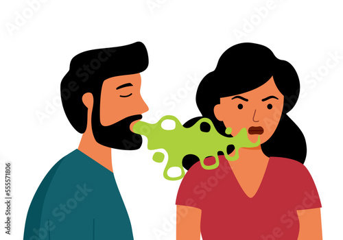 Man with bad breath talking with his colleague in flat design on white background. Smelly mouth concept vector illustration.