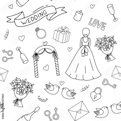 Seamless pattern on wedding theme. Monochrome endless background with bride, bouquet, arch and ring on white background.