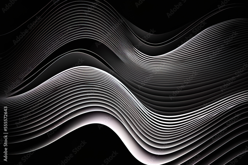 Black background with a horizontal white wave design. design of the fashion graphic backdrop. Abstract modern style texture. Monochromatic design template for posters, clothes, wall coverings, and web
