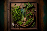 View from a high perspective of peas, green pods, lettuce, peppers, asparagus, sorrel, bok choy, and green onions on a dirty wooden wall. Generative AI