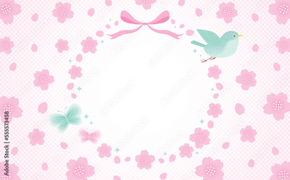 鳥と蝶を飾った和モダンな春の桜の花のベクターフレーム素材_ピンク_文字なし