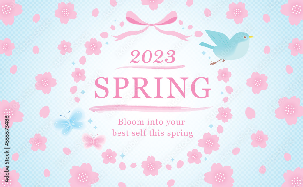 鳥と蝶を飾った和モダンな春の桜の花のベクターフレーム素材_水色