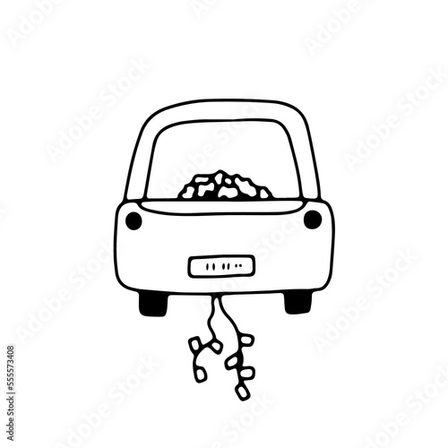 Just married car. Cute doodle outline drawing isolated on white. Wedding sign