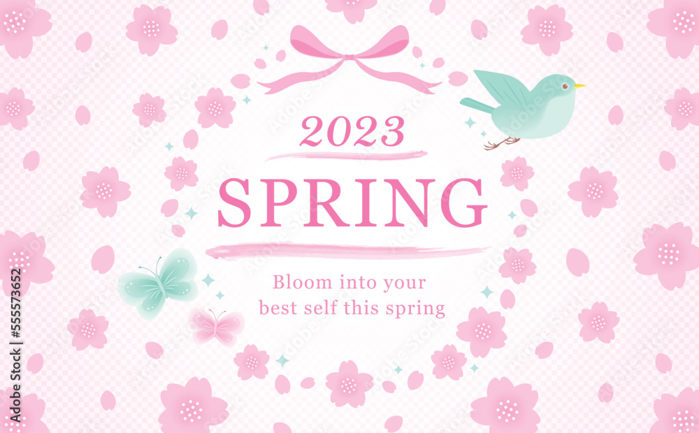 鳥と蝶を飾った和モダンな春の桜の花のベクターフレーム素材_ピンク