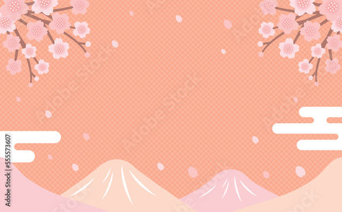 和風な春の山と桜の花のベクターフレーム素材_オレンジ_文字なし