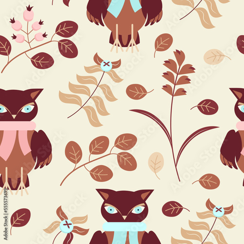 Seamless owl and grass pattern. Vector illustration.