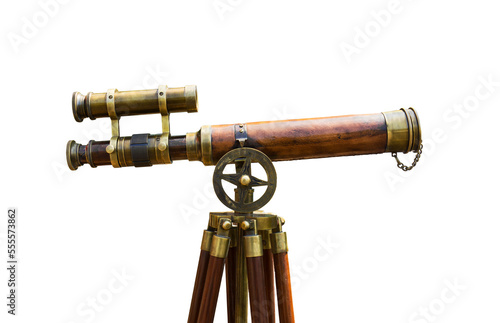 antique brass telescope on white