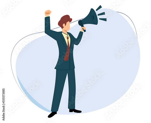 businessman talking using megaphone. illustration of a person expressing an opinion. man using loudspeaker
