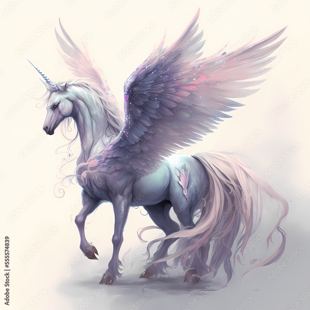 Winged unicorn prancing on white background. Generative AI. Stock ...