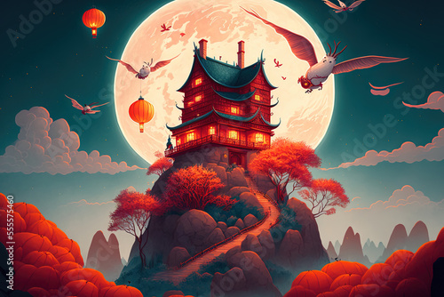 Illustration of a mid autumn celebration with a large rabbit setting off sky lanterns on a moon cake shaped stage, a huge red lantern, and a traditional Chinese mansion perched on a cliff. the middle
