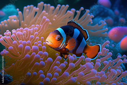 Playing anemone fish on the coral reef. Generative AI