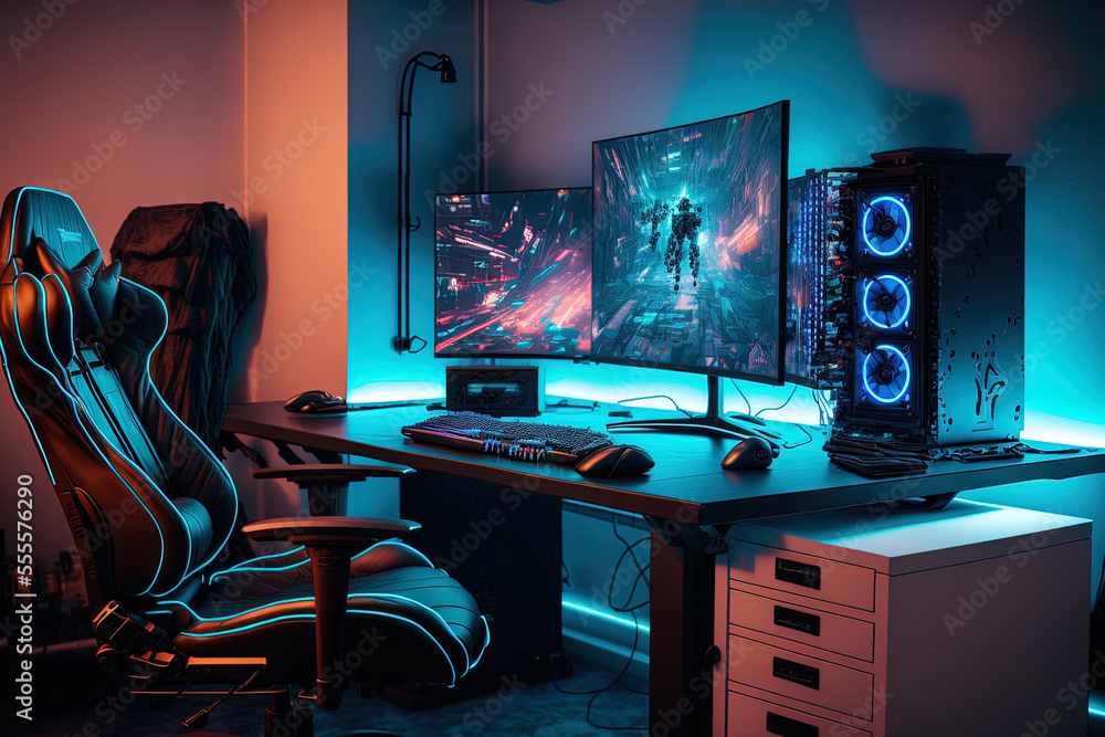 A general view of a professional gamer's home office showing their PC gaming  equipment. a monitor