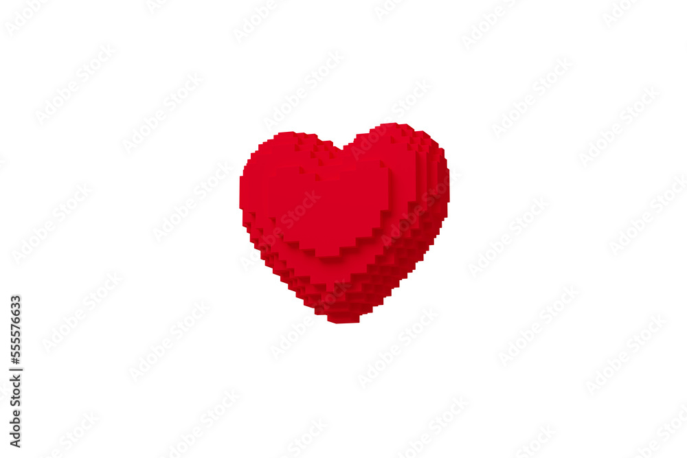 Valentine concept pixel 3d red heart object isolated background for graphic decorate. 3d render.