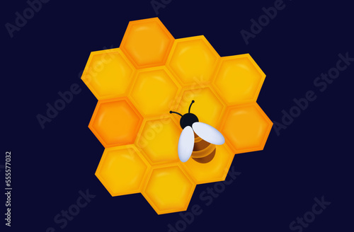 Part of a wax honeycomb with bee 3d. One insect and sticky, sweet frame with honey, ordered cells. Yellow hexagons, orange texture, apiary, natural healthy food. Beekeeping 3d. Vector illustration. 