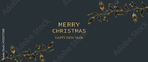 Greeting New Year Christmas card, background with an inscription and a tender branch of winter flowers.