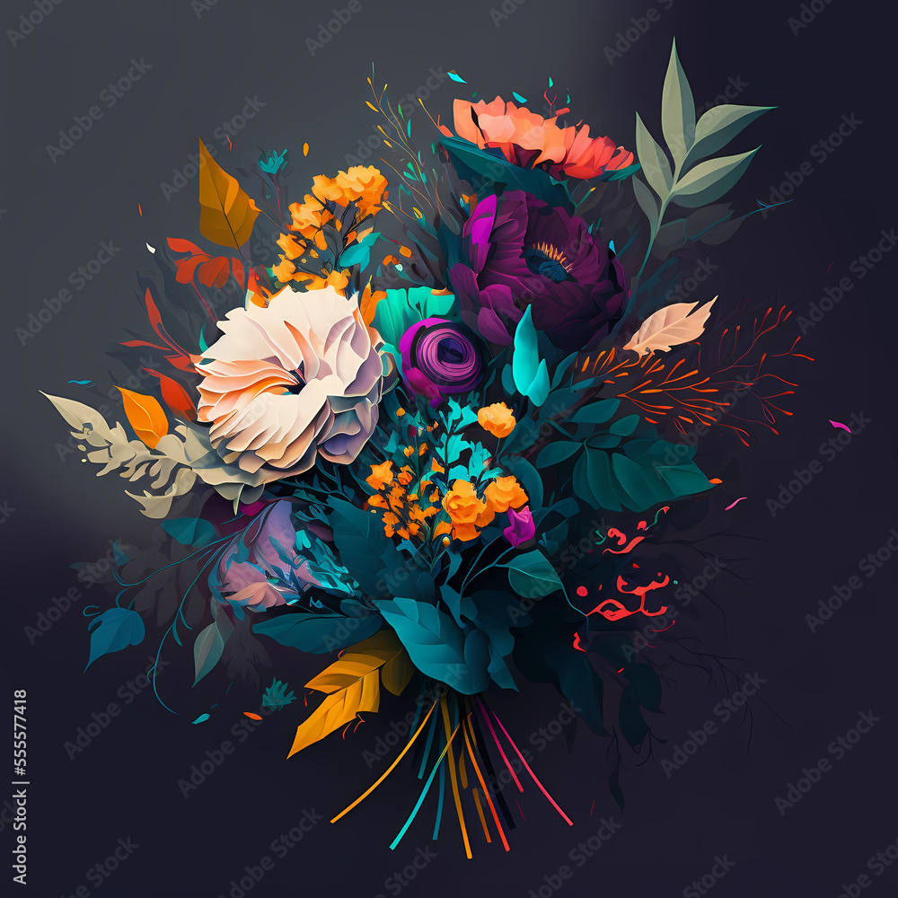Beautiful Abstract Flower Arrangement Bouquet Digital Illustration on A Solid Background (AI)