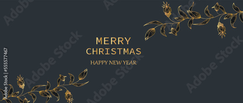 Greeting New Year Christmas card, background with an inscription and a tender branch of winter flowers.